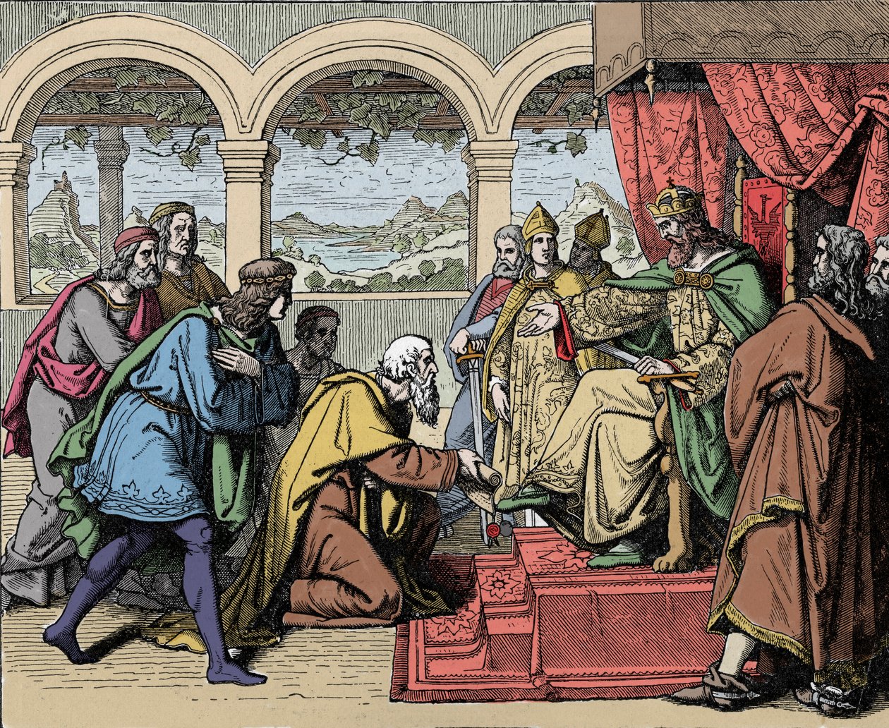 Kejser Frederic I Barberossa (1122-1190) (Frederik I af Hohenstaufen) passerer på sin anden rejse til Italien i 1158 floden Adda og møder folket i Lodi, der beder ham om at få deres territorium tilbage (Andet italiensk felttog, kejser Frederick Barbarossa  af Unknown artist
