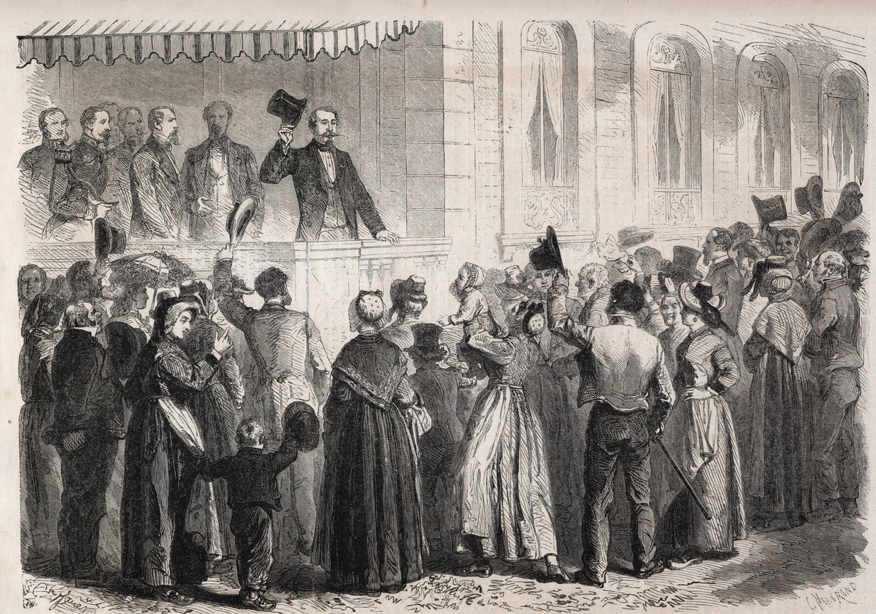 Kejser Napoleon III (1808-1873) på terrassen i villaen Strauss a Vichy, mødt af folket på landet søndag den 7. juli 1861 - Indgravering i "" Den illustere verden" af Unknown artist