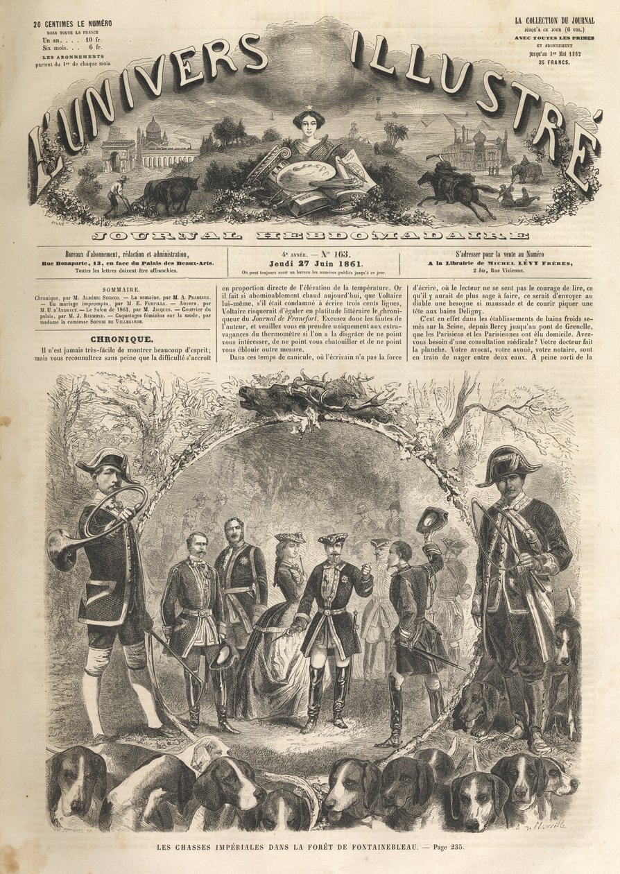 Kejser Napoleon III på jagt i Fontainebleau - 1861 - Imperialjagt i Fontainebleau i nærværelse af Napoleon III (1808-1873) og Imperatrice Eugenie (1826-1920). Det berømte univers i 1861 - af Unknown artist