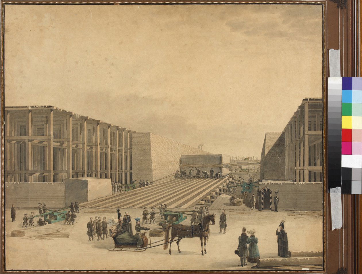 Kejser Nicholas I besøger Alexandersøjlens byggeplads - Anonym. Akvarel på papir, efter 1836. Statens Museum for Sankt Petersborgs Historie af Unknown artist