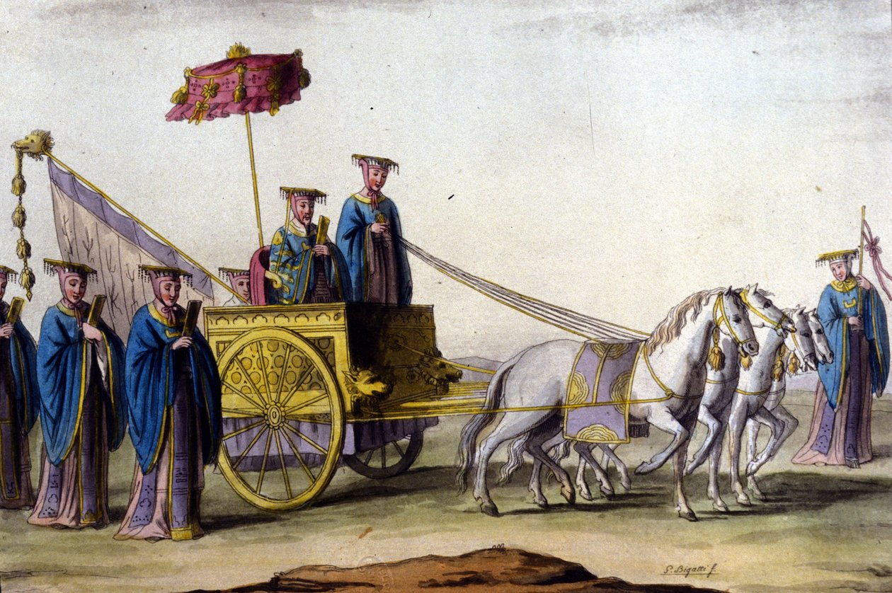 Kejser af Ming-dynastiet på sin vogn - i” Le costume ancien et moderne””” af J. Ferrario, red. Milano af Unknown artist