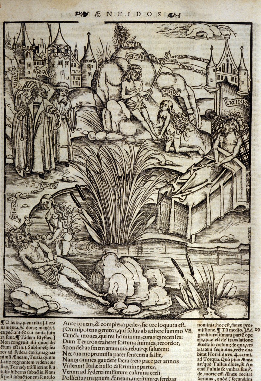 Eneide de Virgil (70 f.Kr.-19 f.Kr.), Bog XII, den trojanske helte Enee bliver mirakuløst behandlet af Venus, han besluttede derefter at storme byen Latinus. Kongen af Lazio dør (til højre), og det er Enee, der vil blive kongen, der marver datteren af afdø af Unknown artist