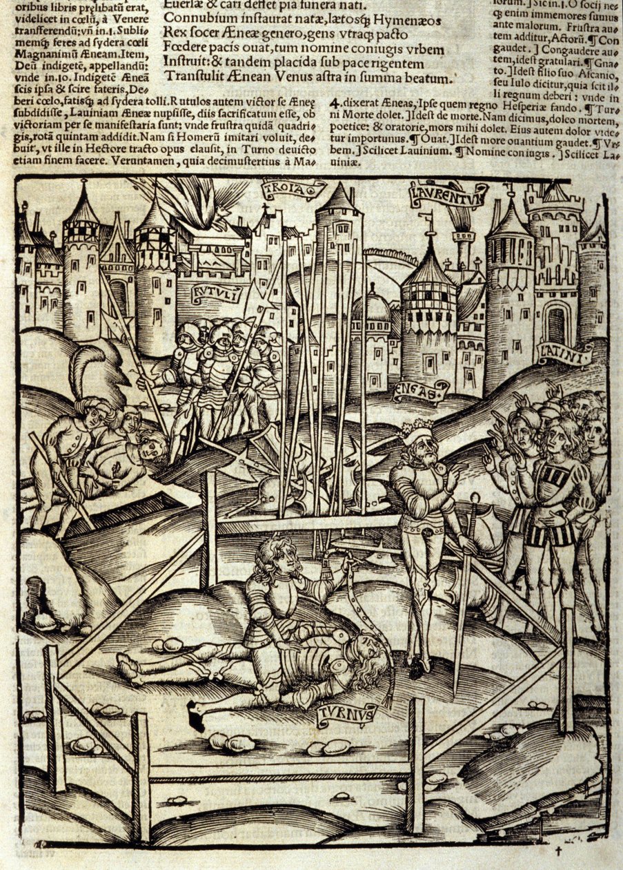 Eneide de Virgil (70 f.Kr.-19 f.Kr.), Bog XII, dræber de trojanske helte Enee i et Turnus-slag under øjnene af latinerne og Rutules. Xylografi af Sebastian Brant (1458-1521). Strasbourg af Unknown artist