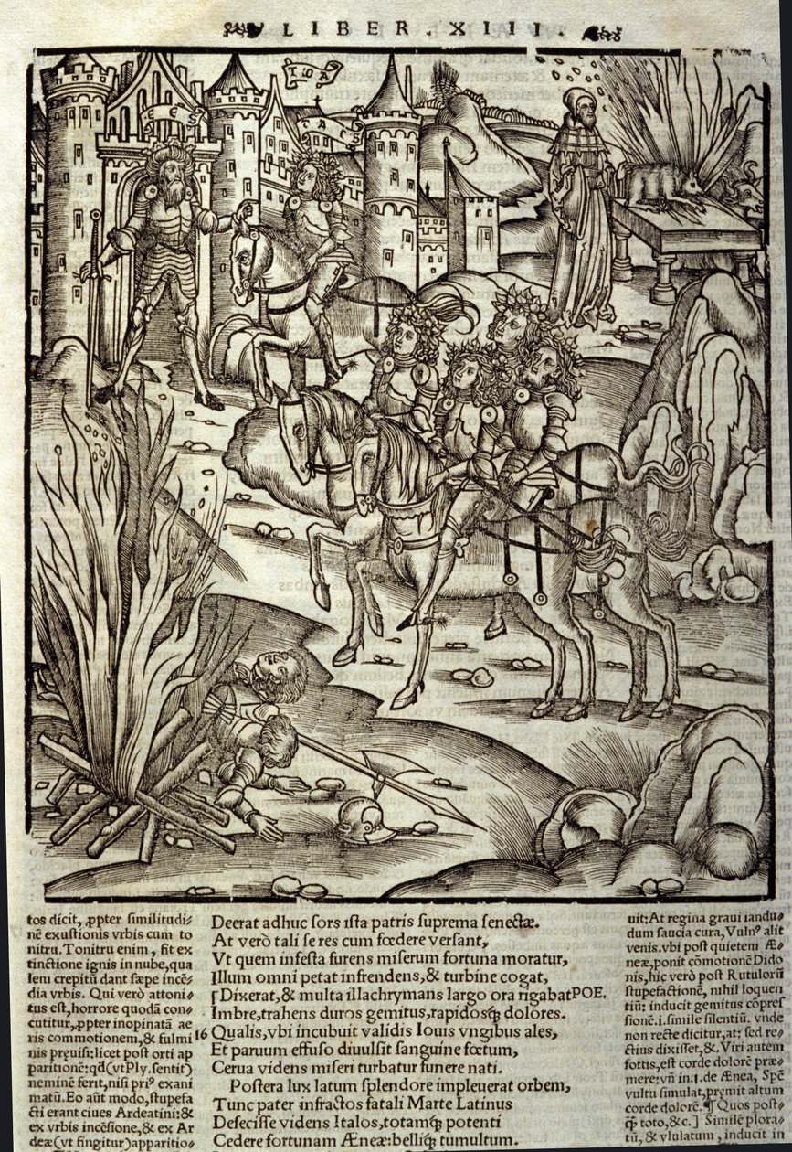 Eneide de Virgil (70 f.Kr.-19 f.Kr.), bog XIII (supplementum), den trojanske helte Enee modtager latinerne, der ofres til ære for krigens ofre. Xylografi af Sebastian Brant (1458-1521). Strasbourg af Unknown artist