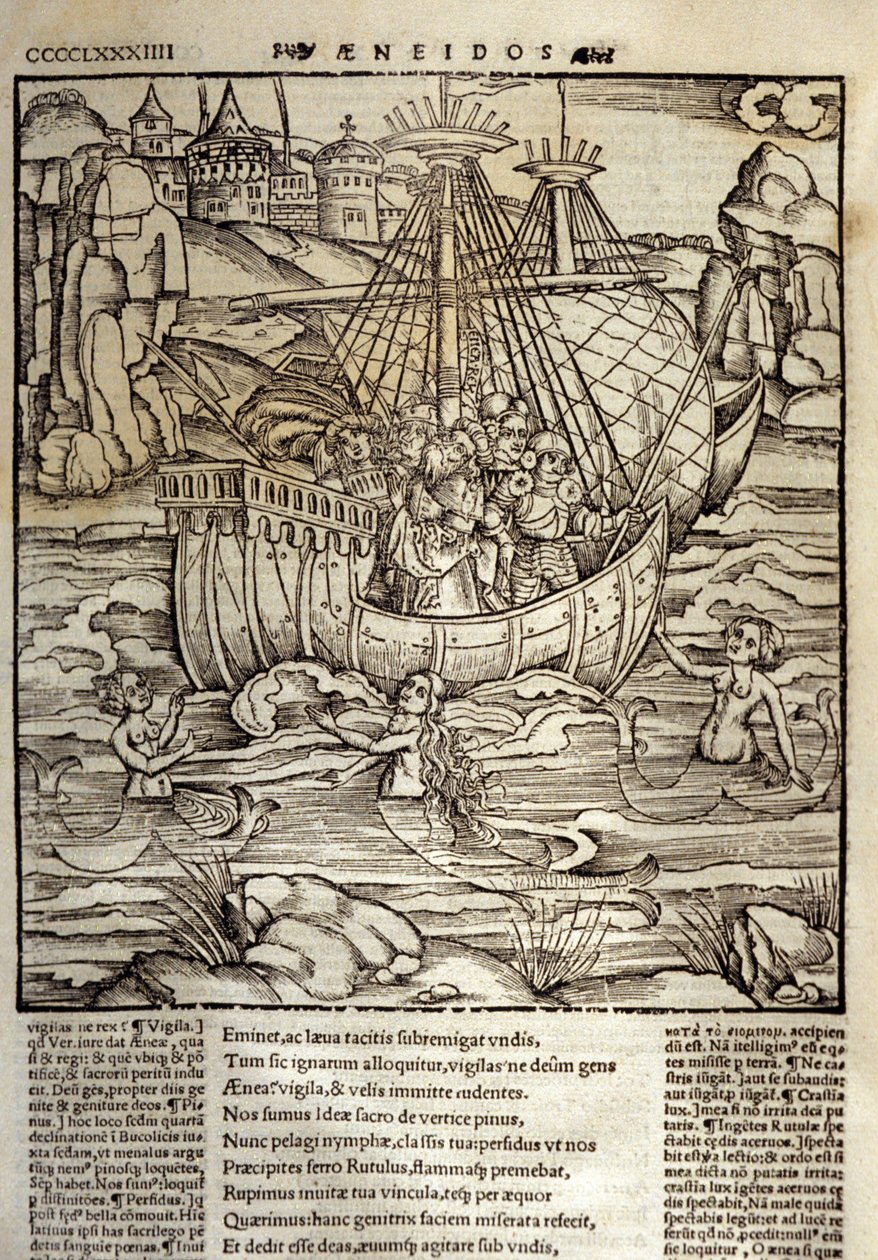 Eneide de Virgil (70 f.Kr.-19 f.Kr.), de trojanske helte Enee og hans ledsagere krydser et hav fyldt med sirene. Xylografi af Sebastian Brant (1458-1521). Strasbourg af Unknown artist