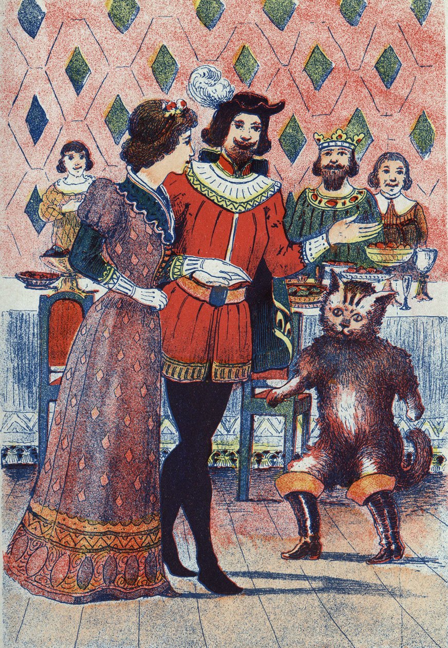 Forlovelse af markisen af Carabas og kongens datter. Illustration til "" Le chat Botte"", fortælling af Charles Perrault (1628-1703), fransk forfatter. Anonym illustration. Billedmateriale Marcel Vagne, Jarville Nancy, udateret (slutningen af det 19. århun af Unknown artist