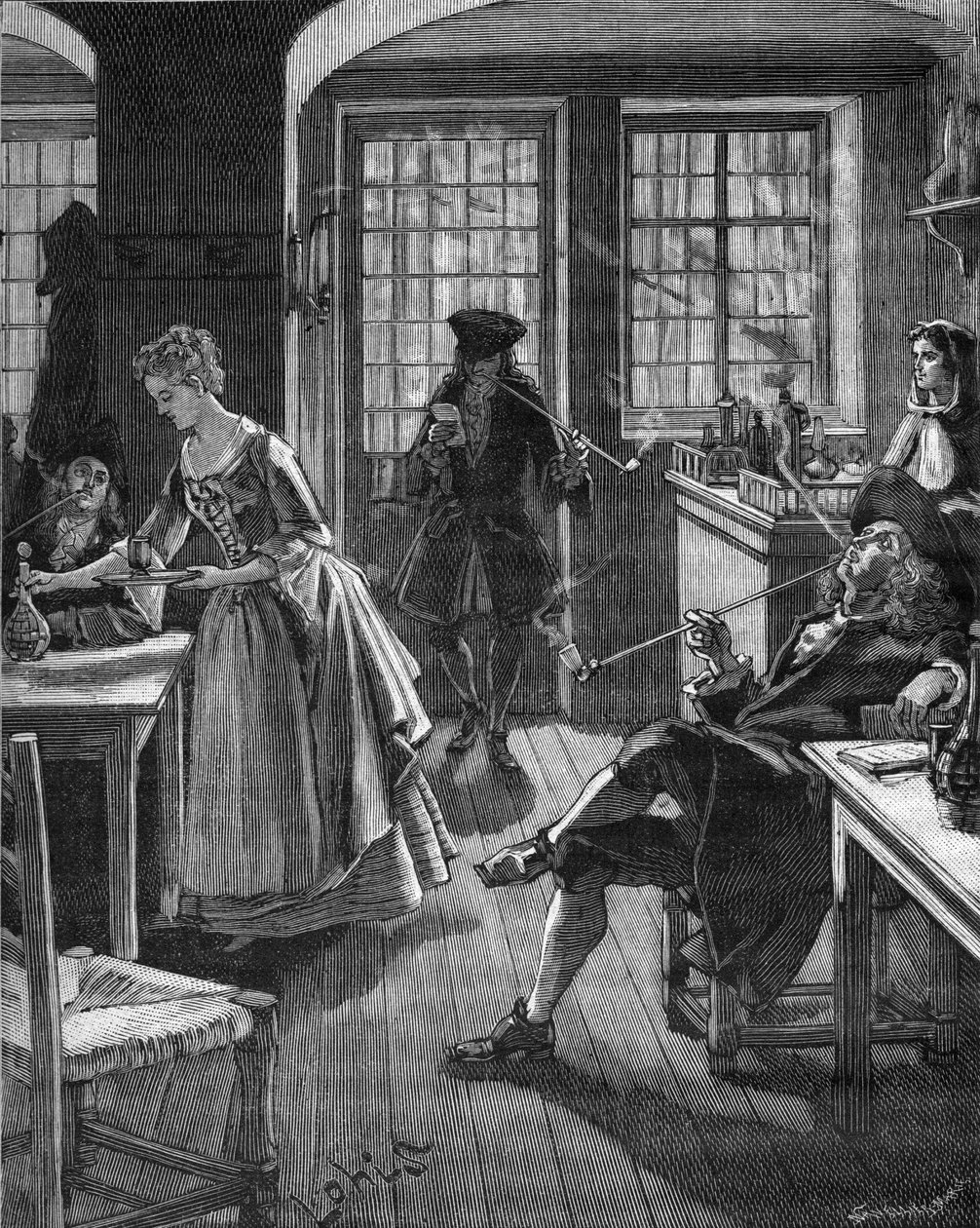 England, slutningen af det 17. århundrede: mænd, der ryger på en café. Indgravering af det 19. århundrede. I "Histoire de France" af Jules Michelet af Unknown artist
