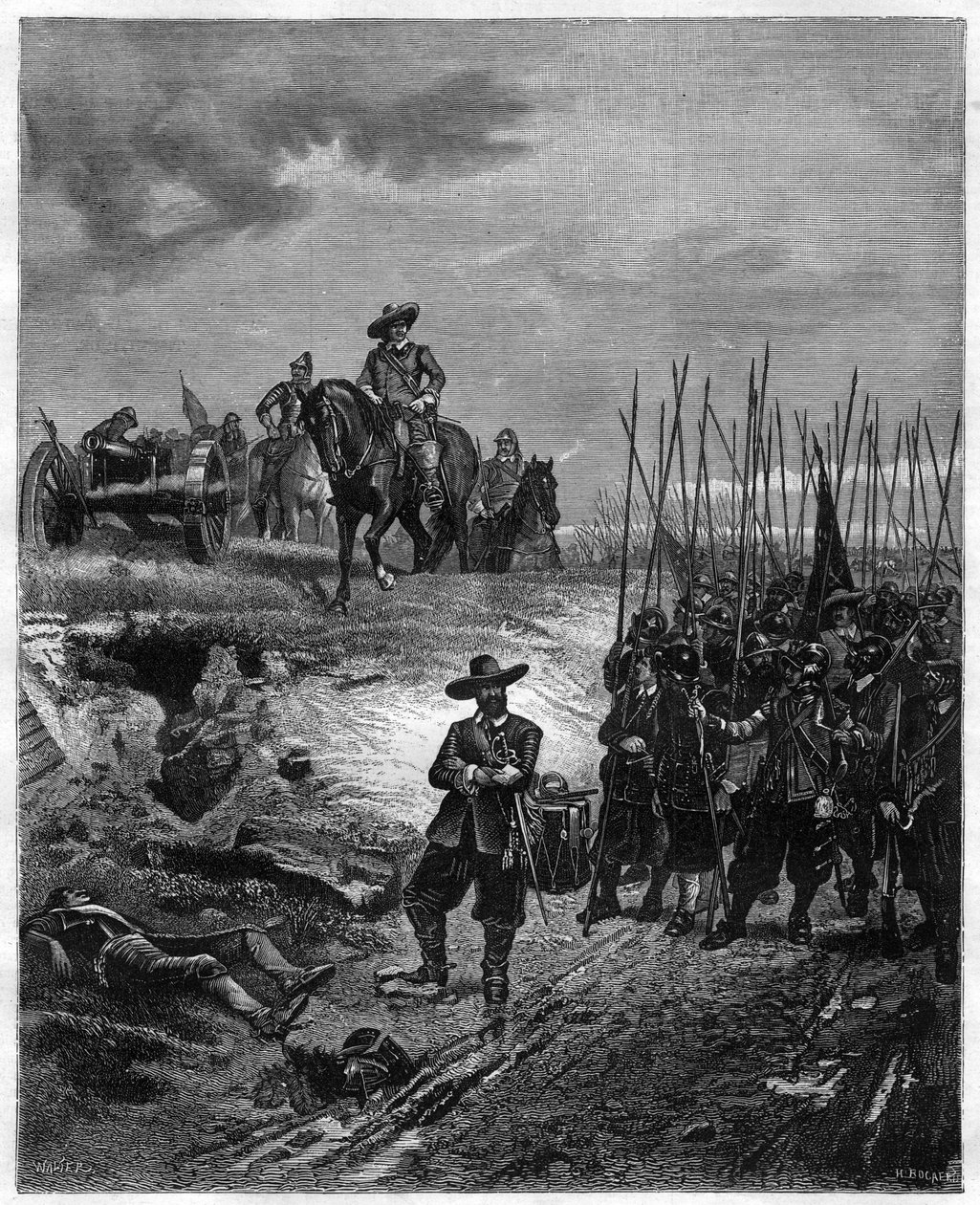 Engelske borgerkrige: Oliver Cromwell (1599-1658) i slaget ved Marston Moor, 2. juli 1644 - Parlamentarikere besejrede royalister under prins Rupert. Gravering fra det 19. århundrede - Oliver Cromwell i slaget ved Marston Moor den 2. juli 1644 under den fø af Unknown artist