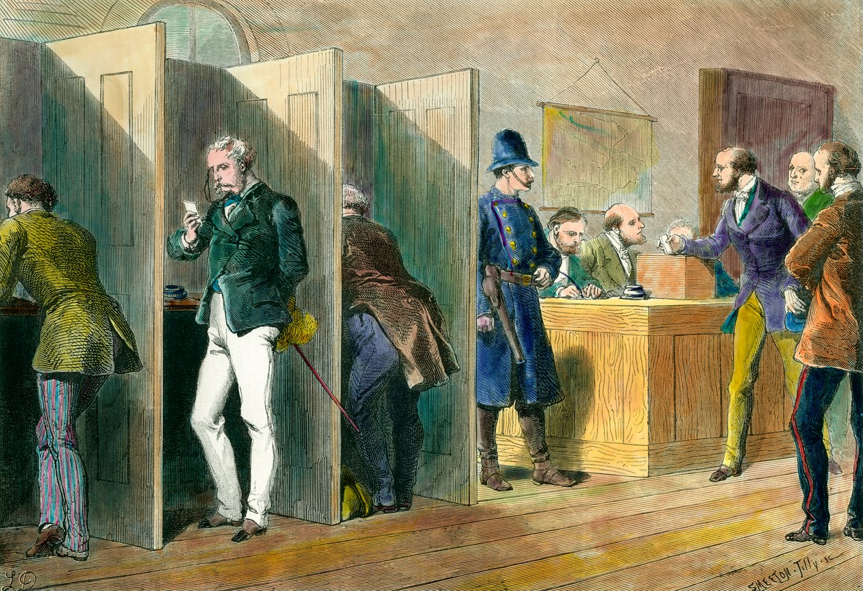 Engelsk demokrati: Inde i et valgsted under valg i England med repræsentation af stemmekabinerne. Indgravering af det 19. århundrede. Saml. Ud. af Unknown artist