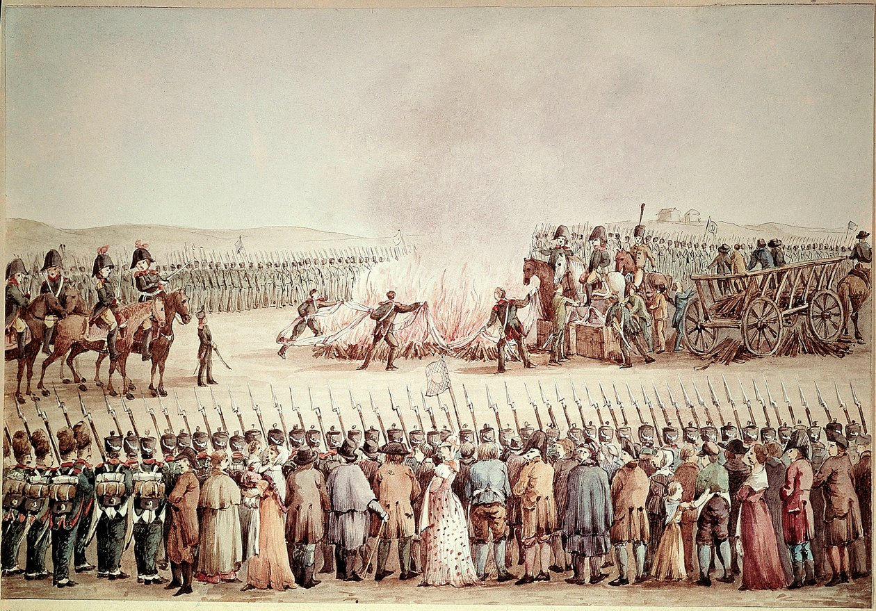 Engelske varer blev brudt efter ordre fra Napoleon I Bonaparte under den kontinentale blokade i 1806. I det første imperium er Continental Blockade navnet på Napoleons politik om at ødelægge Storbritannien ved at forhindre det i at handle med r. af Unknown artist