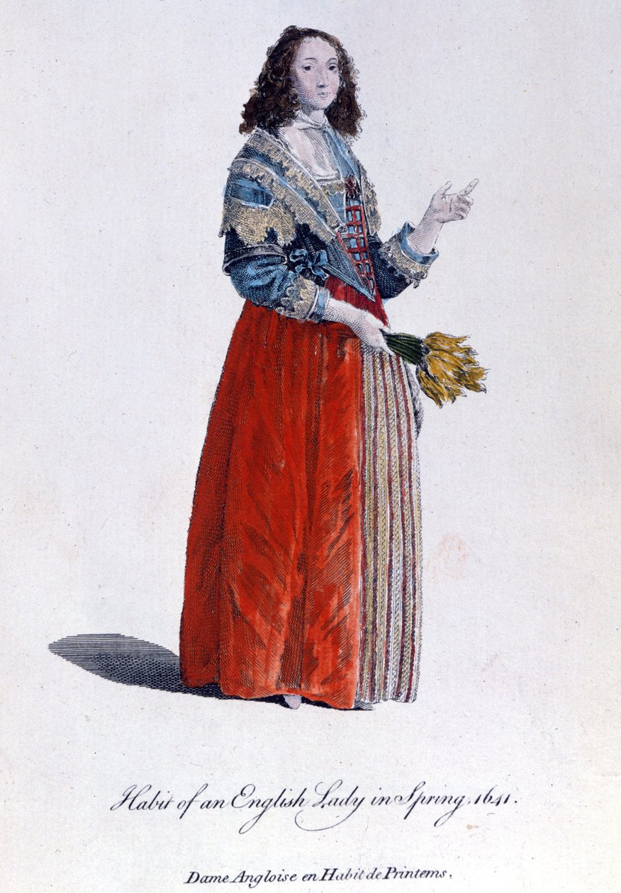 Engelsk kvinde i forårskjole i 1641. 1800-tals gravering. af Unknown artist