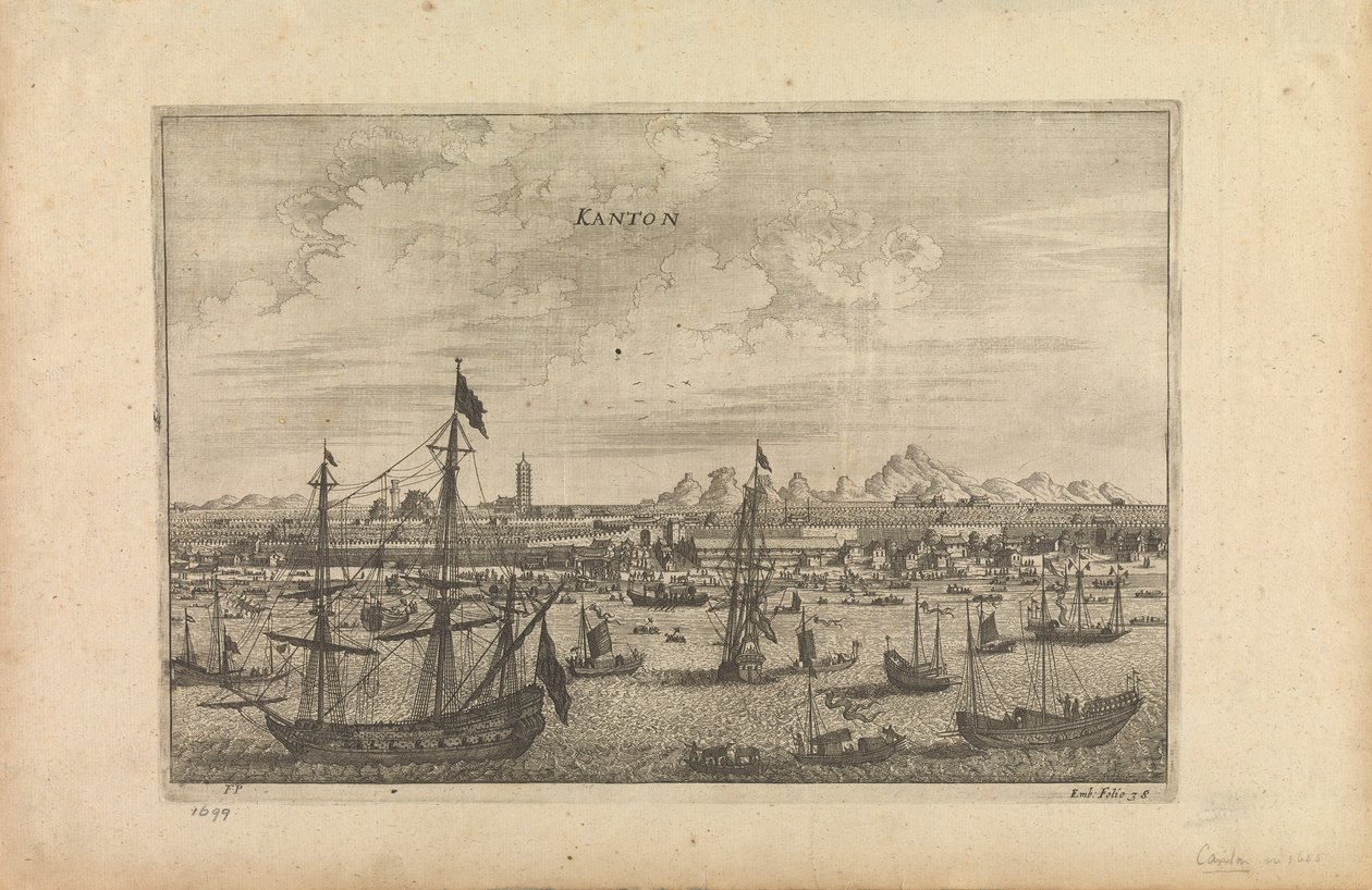 Stik med titlen "Kanton 1655", som er kunstnerens indtryk af Kanton fra en båd i 1655. af Unknown artist