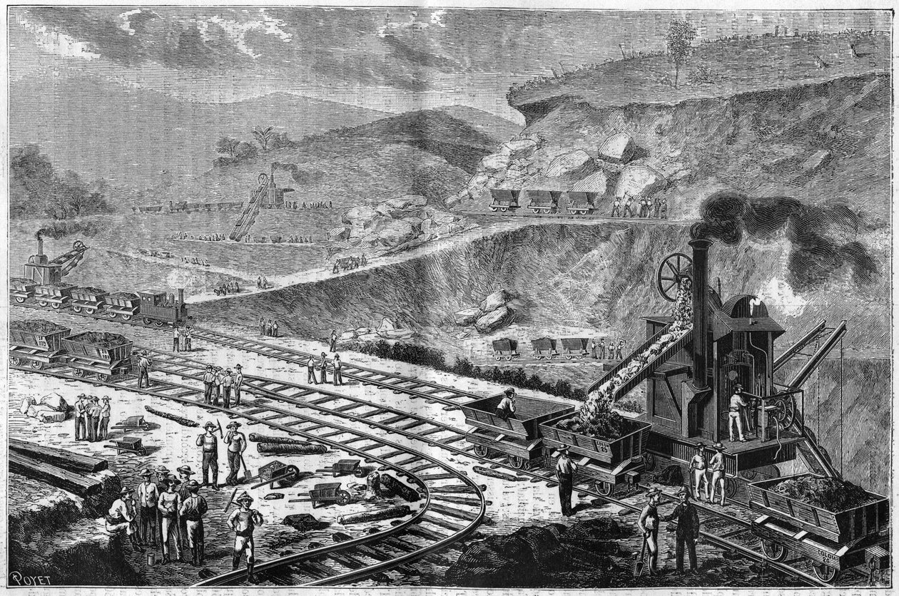 Gravering fra 1885, der viser arbejdet med at bore landtangen i Panama. Udsigt over et af angrebene på Emperadors skibsværft. af Unknown artist