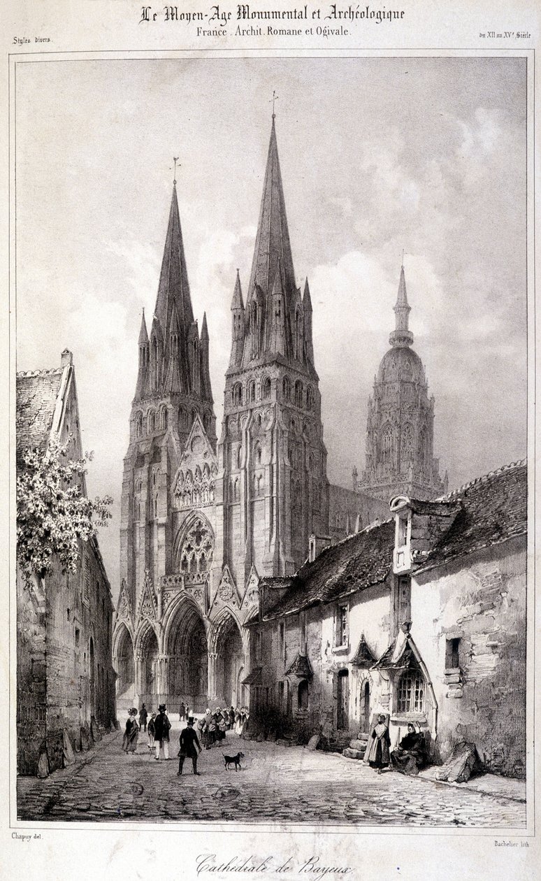 Indgravering af Bayeux-katedralen udgivet i "Den monumentale og arkæologiske middelalder"". 19. århundrede af Unknown artist