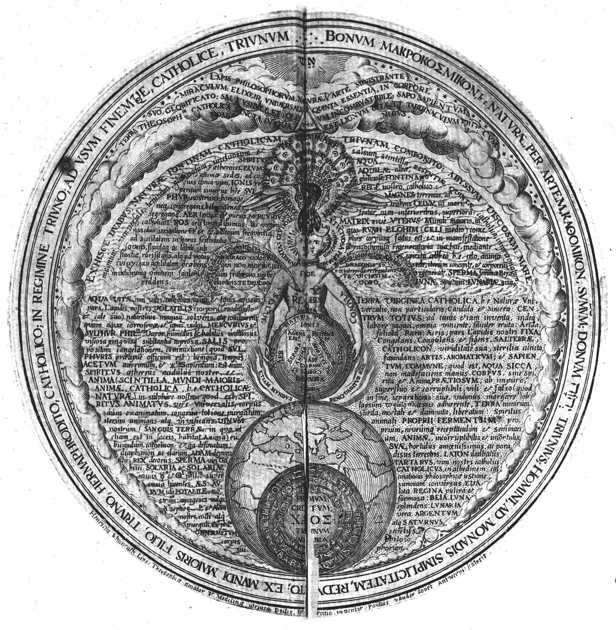 Indgravering af "Amphitheatre of Eternal Visdom". (Amfiteater for evig visdom) (Hamburg: n.n. af Unknown artist