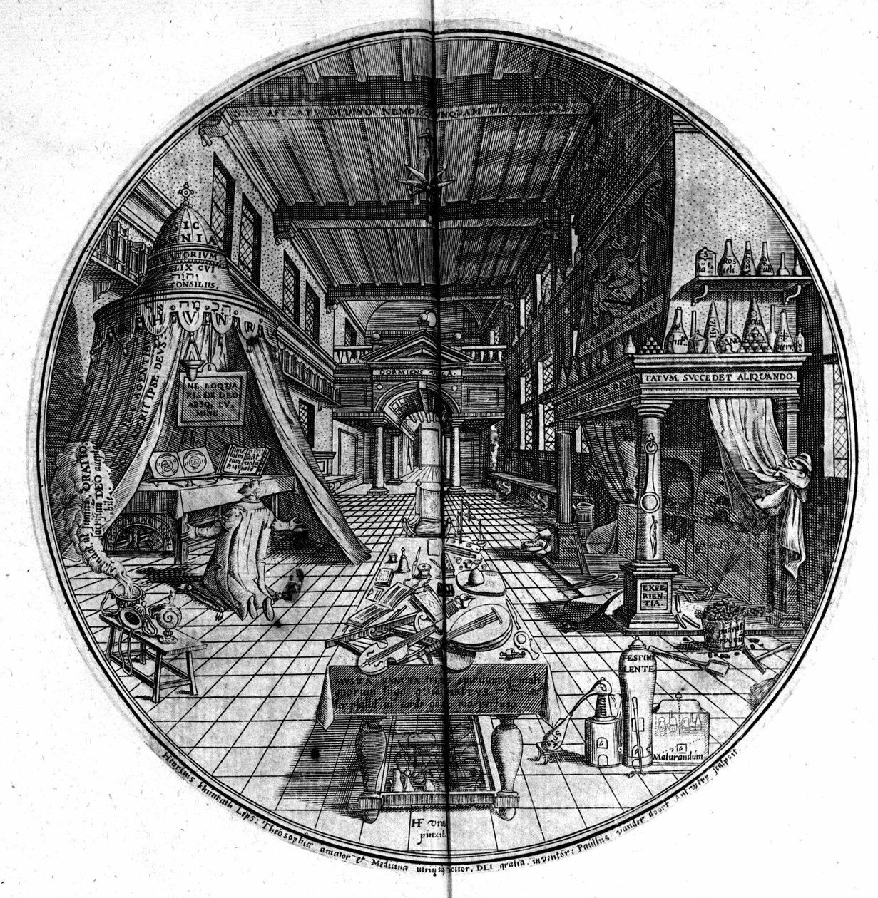 Indgravering af "Amphitheatre of Eternal Visdom". (Amfiteater for evig visdom) (Hamburg: n.n. af Unknown artist