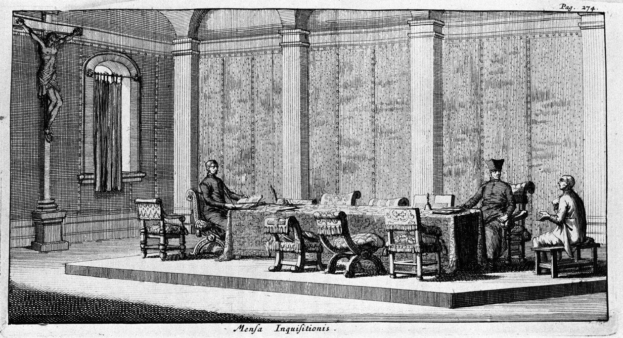 Indgravering, der repræsenterer et forhør i Inkvisitionsretten. 17. århundrede af Unknown artist