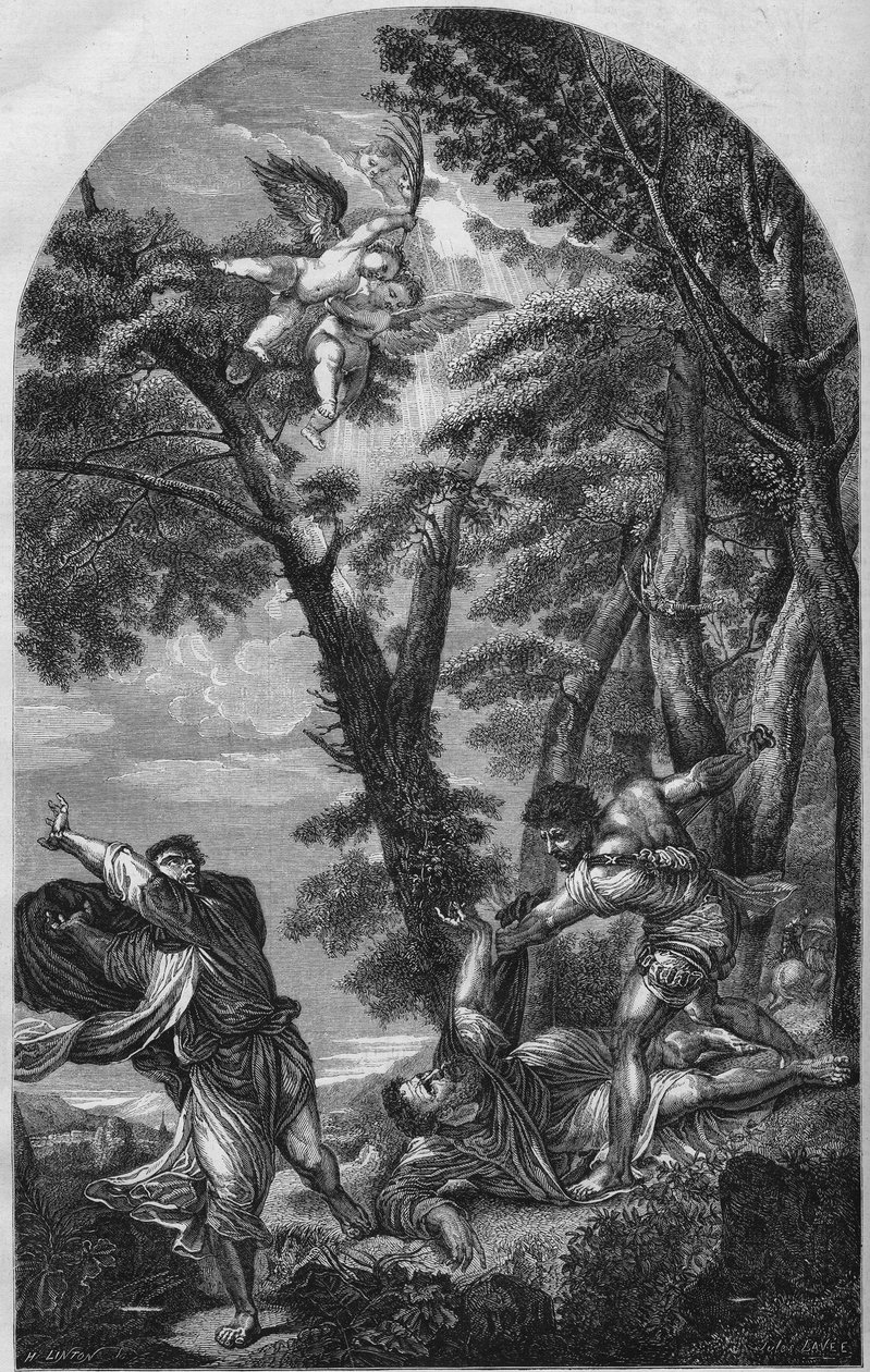 Gravering, der viser "The Martyrdom of St. Peter" af Tiziano (Titian) brænder den 15. august af Unknown artist