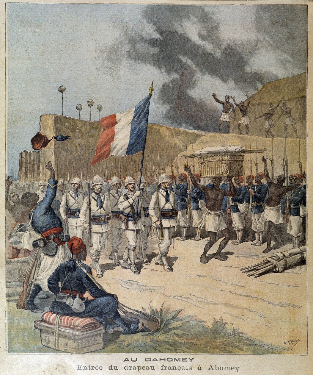 Indgang til det franske flag ved Abomey (Dahomey = Benin i dag) - couv. "Den lille Journal"" af 10/12/1892. af Unknown artist
