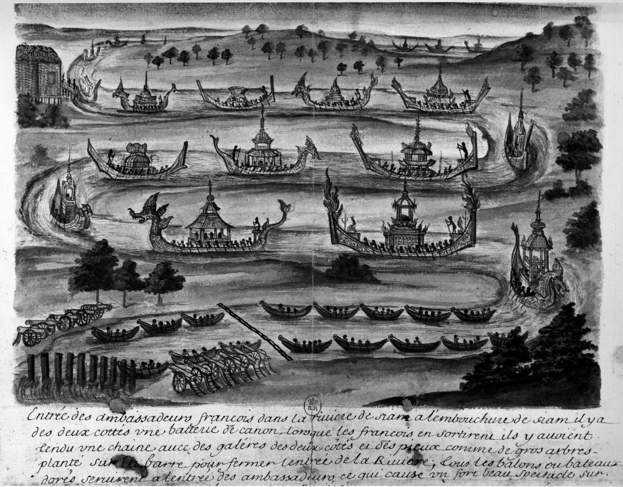 De franske ambassadørers indtog i Siam-floden - i "" Voyages du kingdom de Siam, historique de 1688"". af Unknown artist