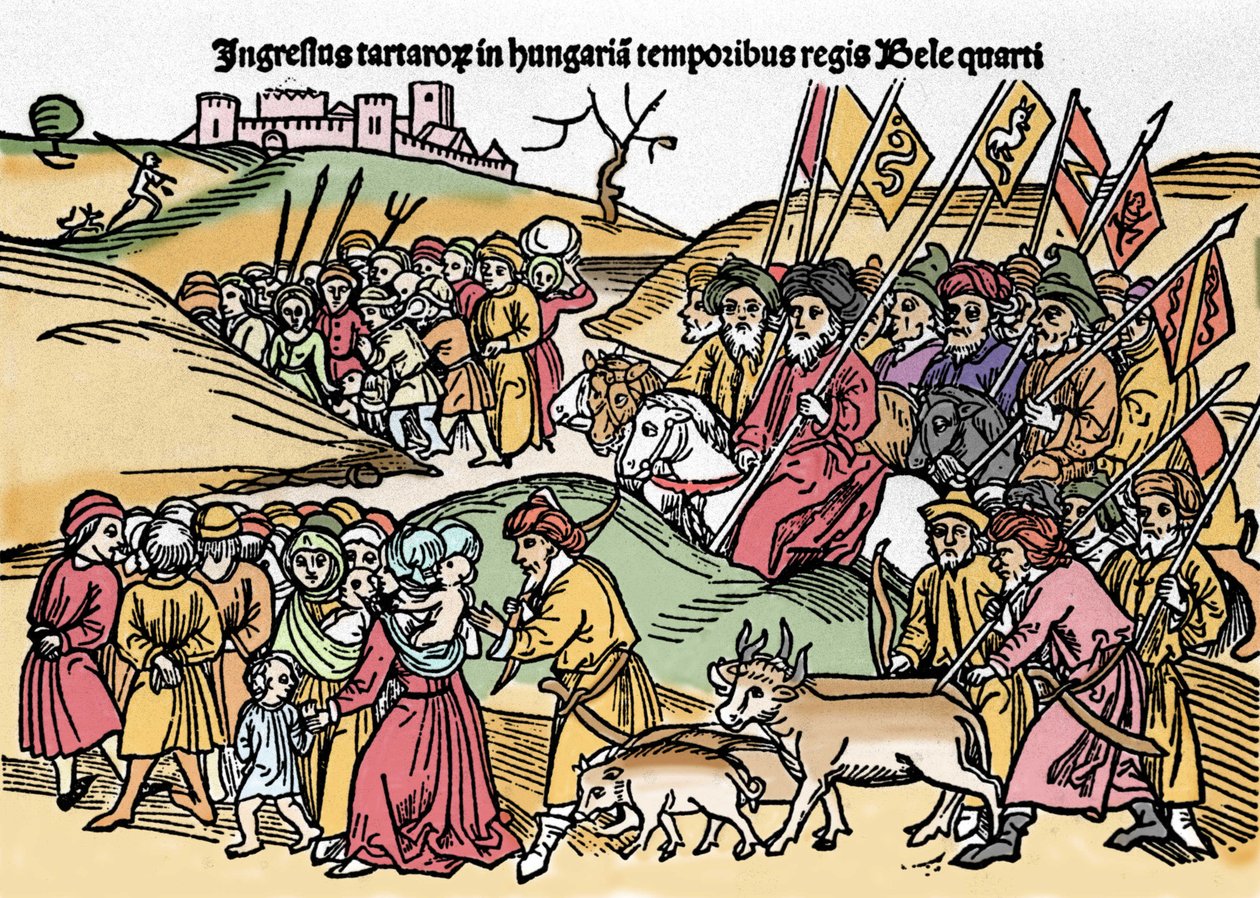 Tartarernes indtog i Ungarn under Bela IV (1235-1270) af Ungarn. Indgravering fra "Chronica Hungariae". Biblioteca Marciana, Venedig. af Unknown artist