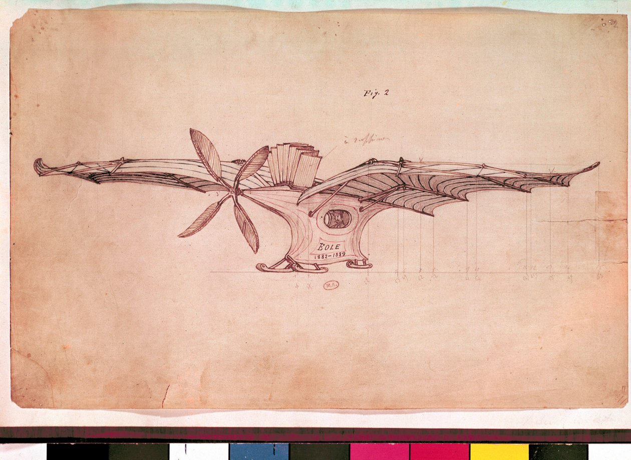 Eole flyvemaskine. Repræsentation af Clement Aders fly. Anonym tegning omkring 1882-1889. Paris, luftmuseet af Unknown artist