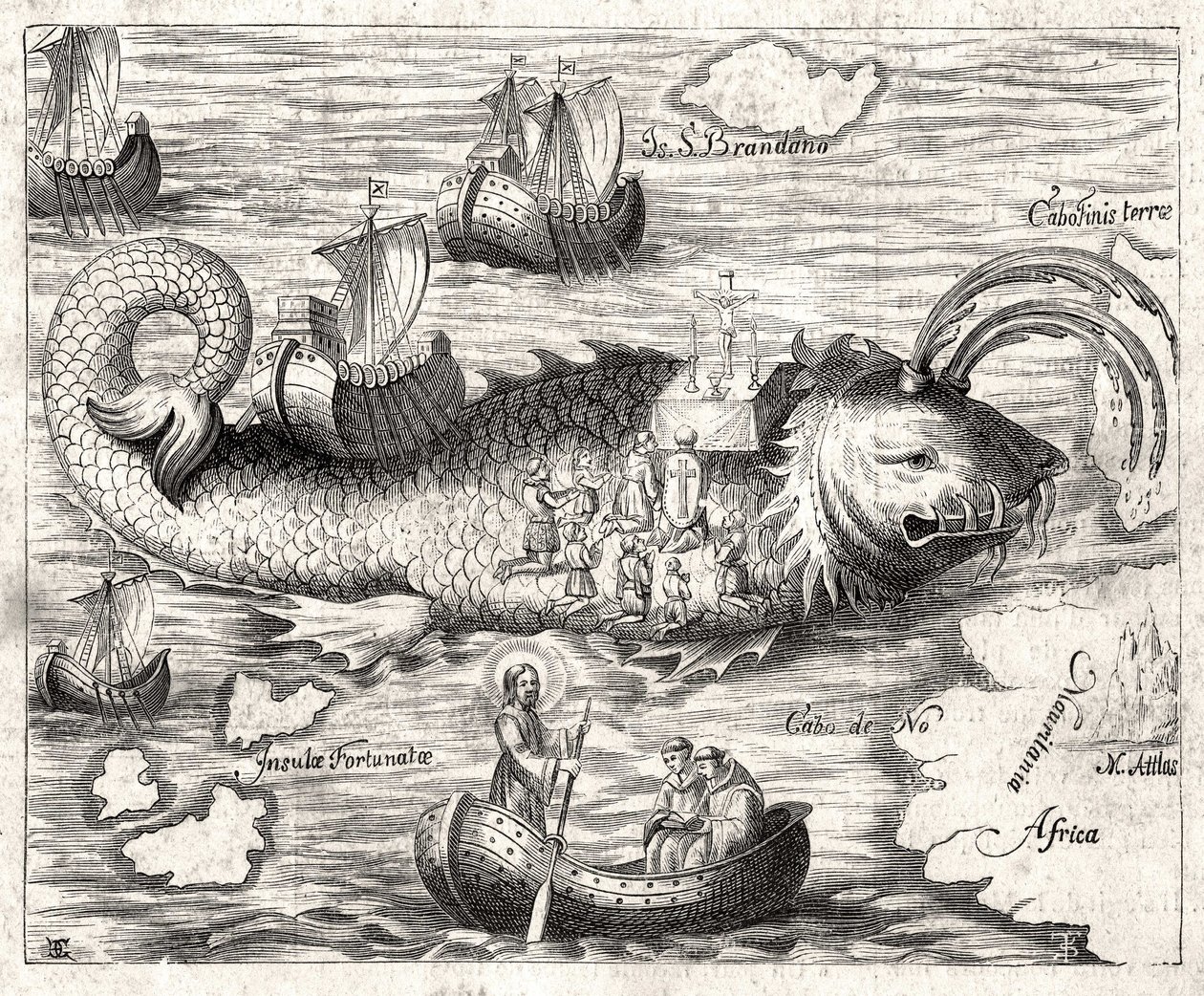 Episode af Legenden om Saint Brandan (Brendan): en fantastisk rejse for den irske abbe fra det 6. århundrede på jagt efter et jordisk paradis. Tryk fra 1621. af Unknown artist