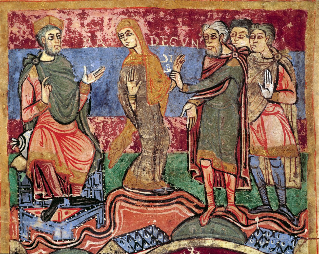 Episode af Saint Radegonde (Radegundis) af Poitiers (519-587), hustru til Clotaire I, frankernes konge: Radegonde ledes af kong Clotaire I. Miniature fra et manuskript fra det 11. århundrede. Poitiers kommunale bibliotek. af Unknown artist
