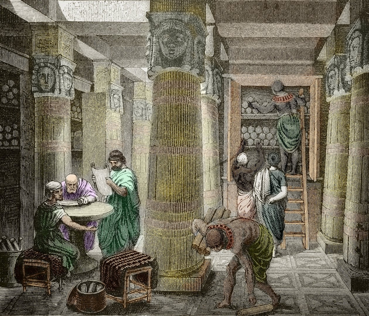 Erudits i biblioteket i Alexandria, ødelagt i 642, Egypten) (Udsigt over biblioteket i Alexandria, Egypten) 1800-tallet (gravering) af Unknown artist