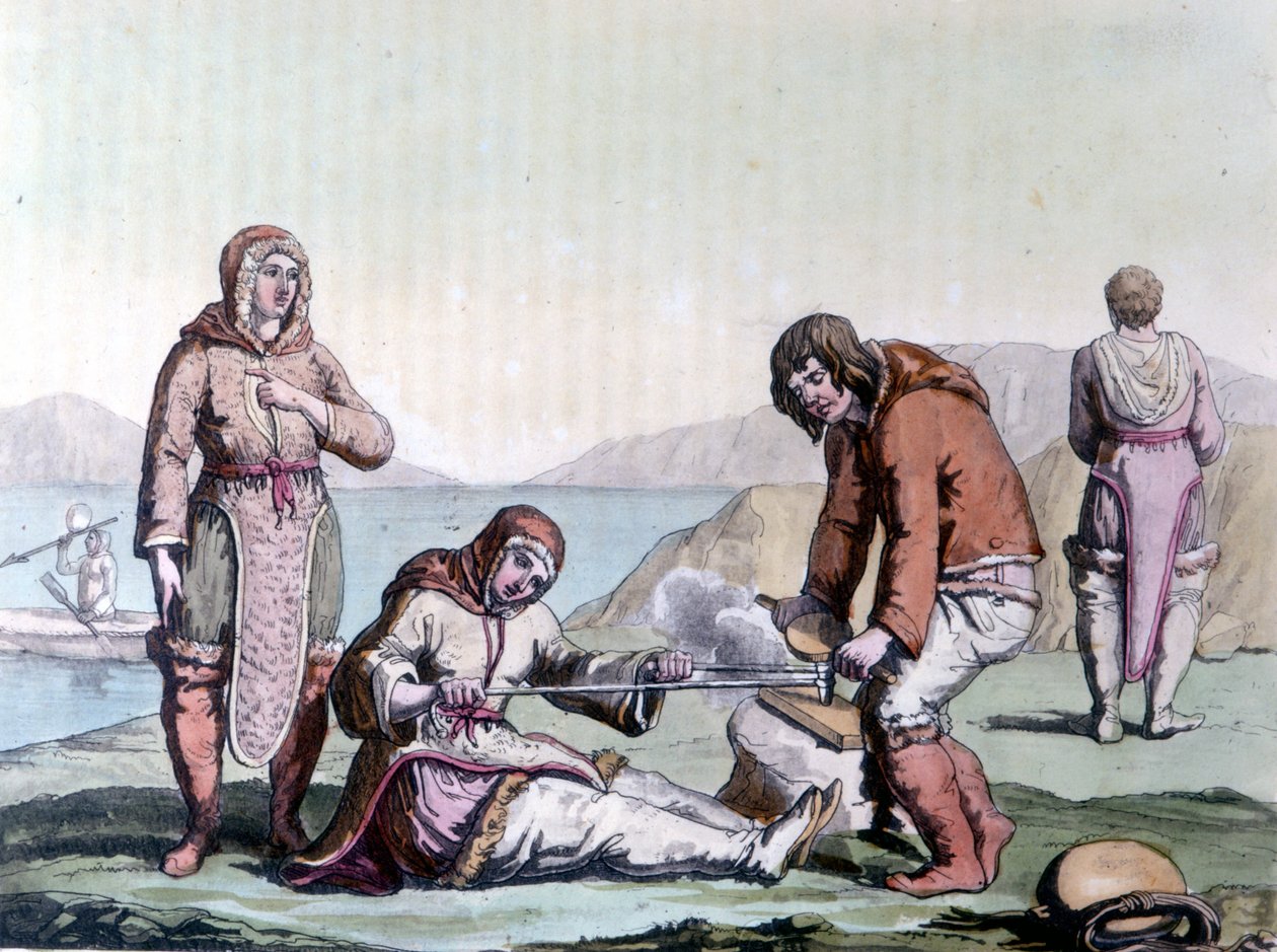 Eskimoer tænder bål ved at gnide træstykker. af Unknown artist