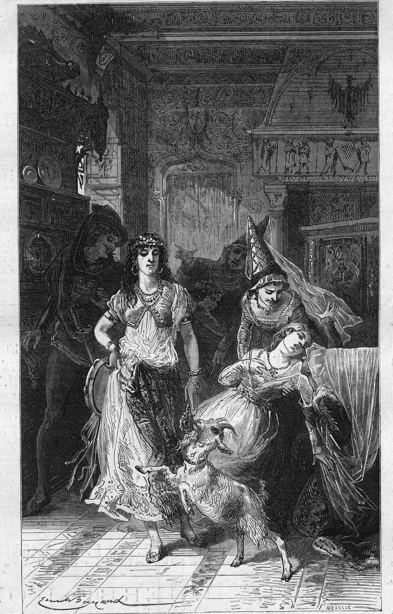 Esmeralda og Fleur de Lys (Fleur-de-Lys). Illustration af "Notre Dame de Paris" af Victor Hugo (1802-1885). Gravering sidst i 1800-tallet. af Unknown artist