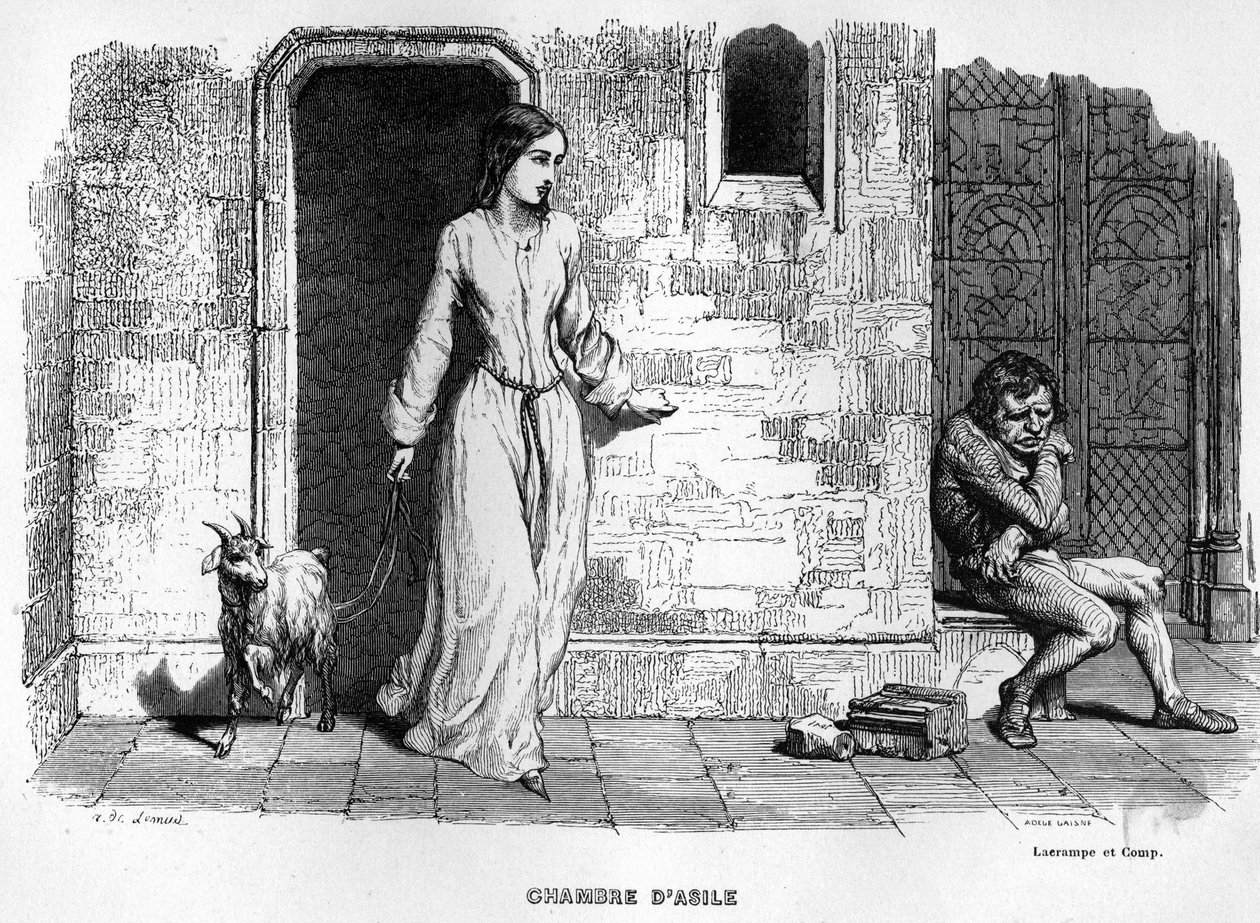 Esmeralda møder Quasimodo - i Notre Dame de Paris. af Unknown artist