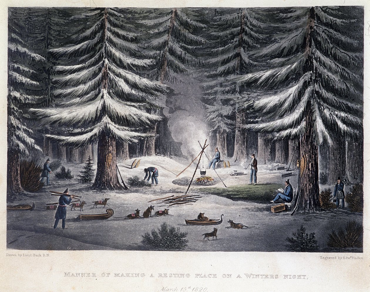 Etablering af en lejr i løbet af en vinternat - i "" Fortælling om en rejse til polarhavets kyster i årene 1819-1821", af John Franklin, red. London af Unknown artist
