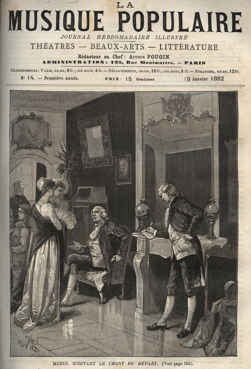 Etienne Nicolas (Etienne-Nicolas) Mehul (1763-1817) forfatter "" Le chant du depart"" (revolutionær sang og hymne til frihed) - indgravering i "" La musique populaire""" illustreret ugeavis - 1882 af Unknown artist
