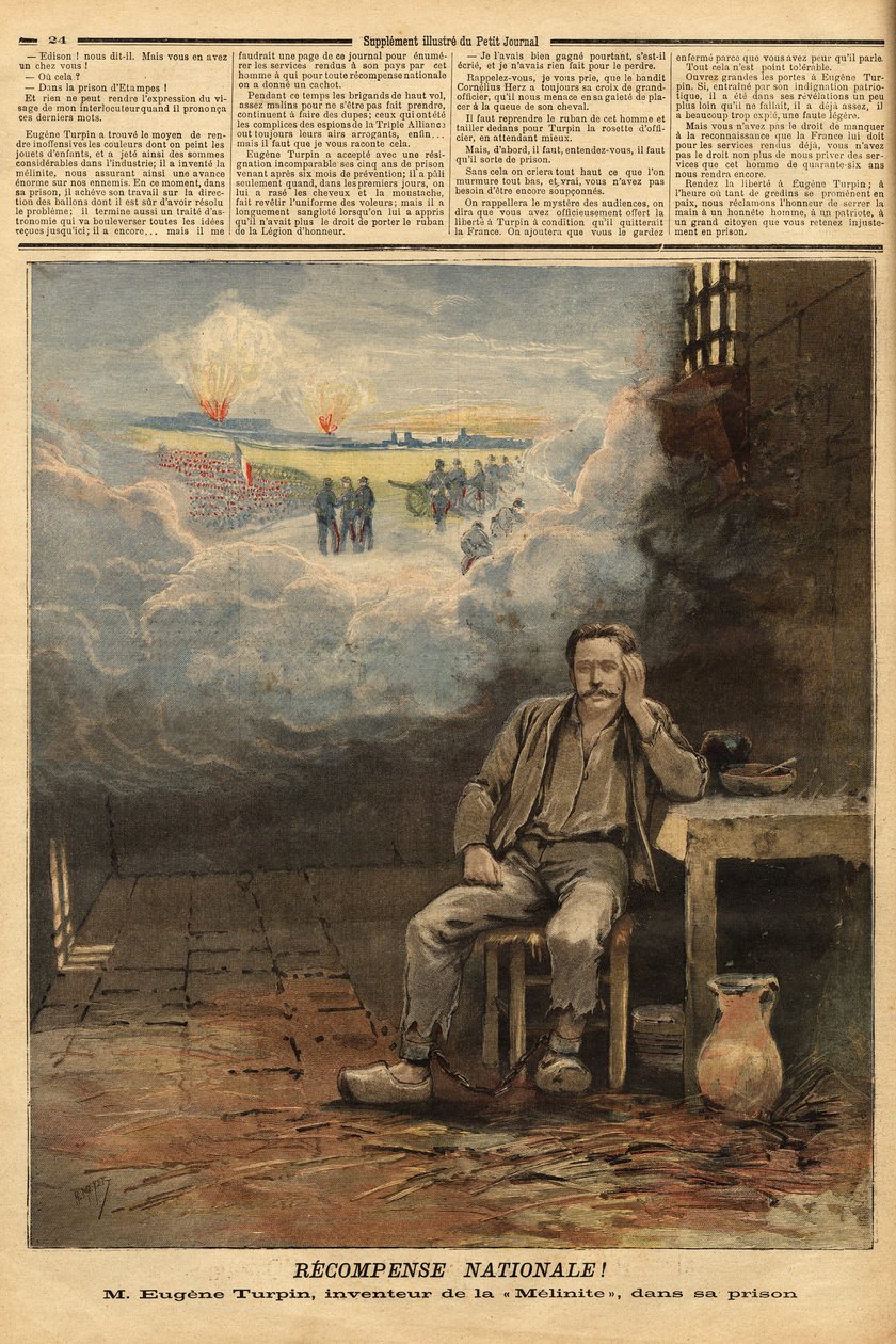Eugene Turpin (1848-1927) kemiker, opfinder i 1884 af melinit (et sprængstof), i sin celle, anklaget (uretmæssigt) for at have solgt sin opfindelse til fjenden. Han inspirerer Jules Verne til karakteren Thomas Roch i romanen "Face au drapeau"". Indgraverin af Unknown artist