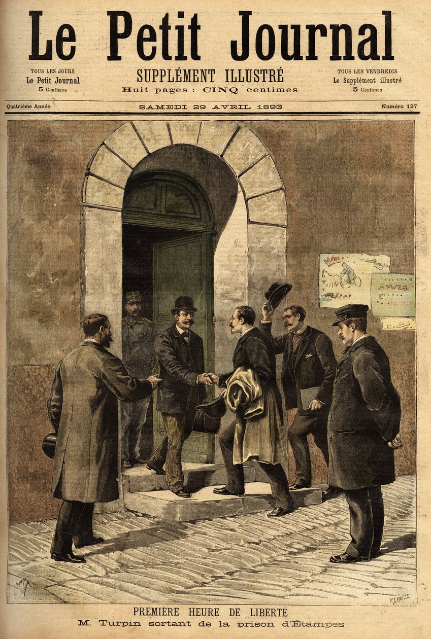 Eugene Turpin (1848-1927), kemiker, opfinder i 1884 af melinit (et sprængstof), uretmæssigt anklaget for at have solgt sin opfindelse til fjenden, var uskyldig og befriet fra fængslet i Etampes. Indgravering i "" Le petit journal"" 29/04/1893. Selvas samli af Unknown artist