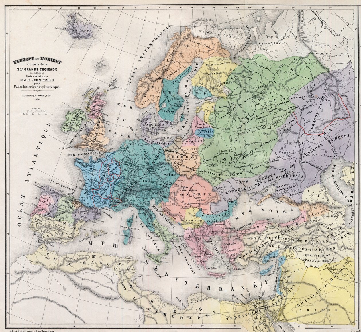 Europa og Orienten på tidspunktet for det 3. store korstog i slutningen af det 13. århundrede - Kort udarbejdet af M J-H Schnitzler, Historisk og malerisk atlas 1858 af Unknown artist