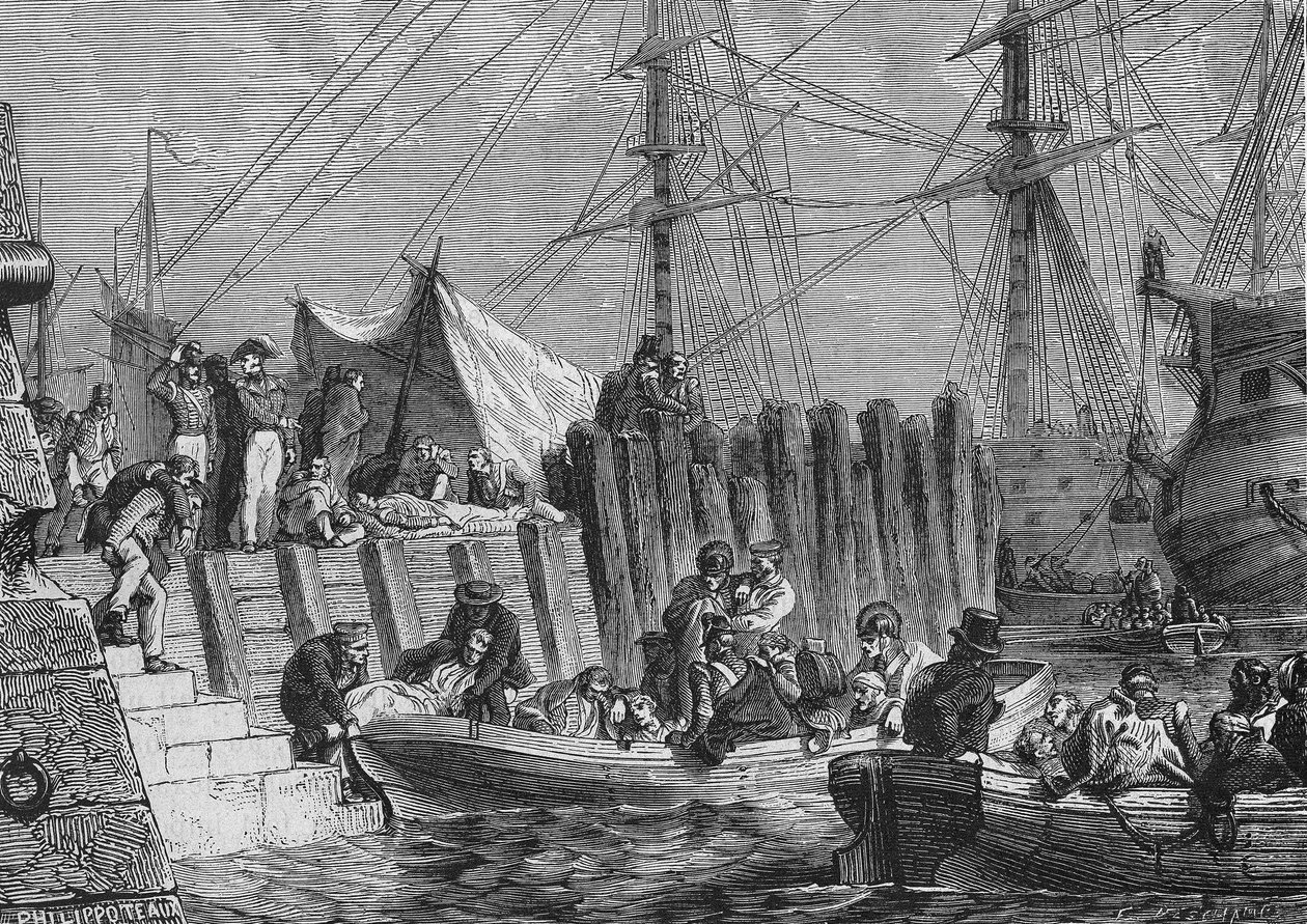 Evakuering af Flesringe af englænderne i 1802: indskibning af syge - i “Histoire de France”” af Henri Martin, sd. 19. århundrede. af Unknown artist