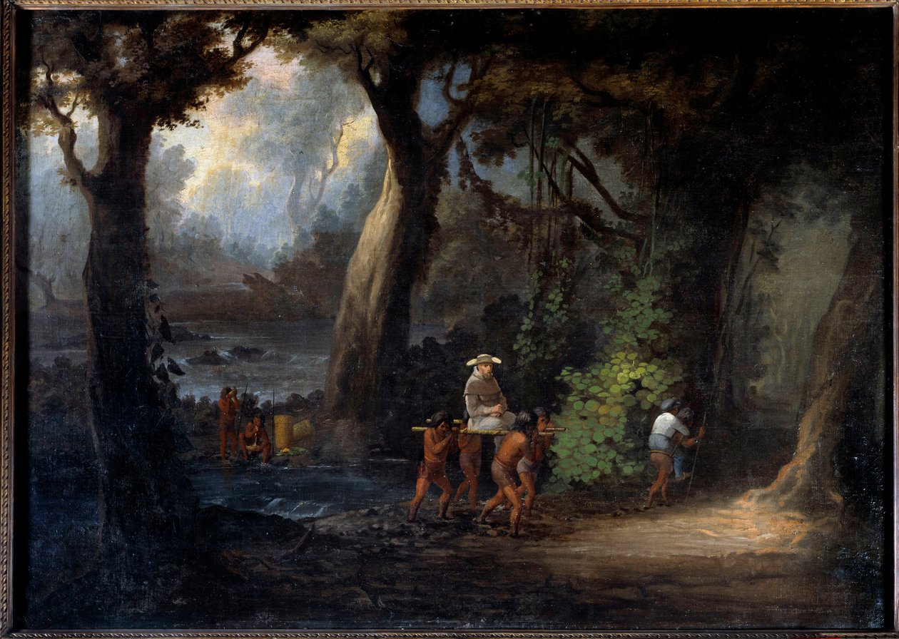Evangelisering: "" Banks missionærer i Sydamerika bæres af indianerne""" Anonymt maleri fra det 19. århundrede. La Rochelle, New World Museum af Unknown artist