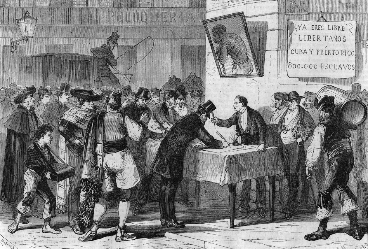 Begivenheder i Spanien i 1885: offentligt abonnement på Madrid for køb af slaver fra Cuba og Puerto Rico. af Unknown artist