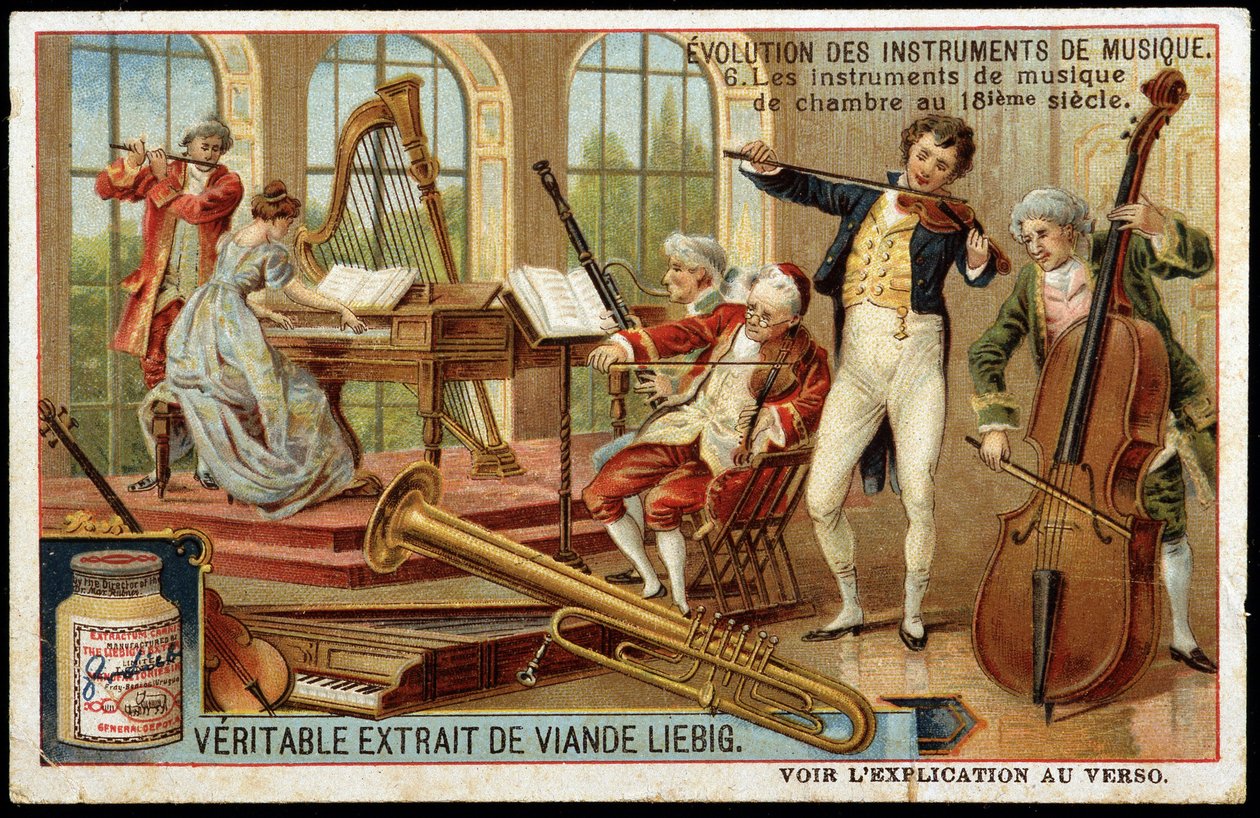 Udvikling af musikinstrumenter: kammermusikinstrumenter i det 18. århundrede - chromo Liébig. af Unknown artist