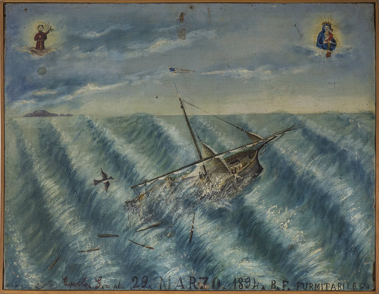 Ex-voto (ex voto) sømand, populært tilbud som løfte om hengivenhed og taknemmelighed fra sømanden, der overlever til farerne ved havet, der kommer fra kirken Carmine, Torre del Greco, nær Napoli, 29/03/1894 Italien af Unknown artist