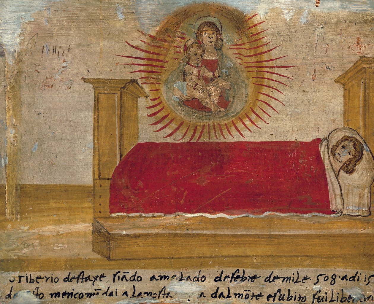 Ex-voto, der afbilder Madonna og barn med patient i sengen, Abbey of St Maria del Monte, Cesena af Unknown artist
