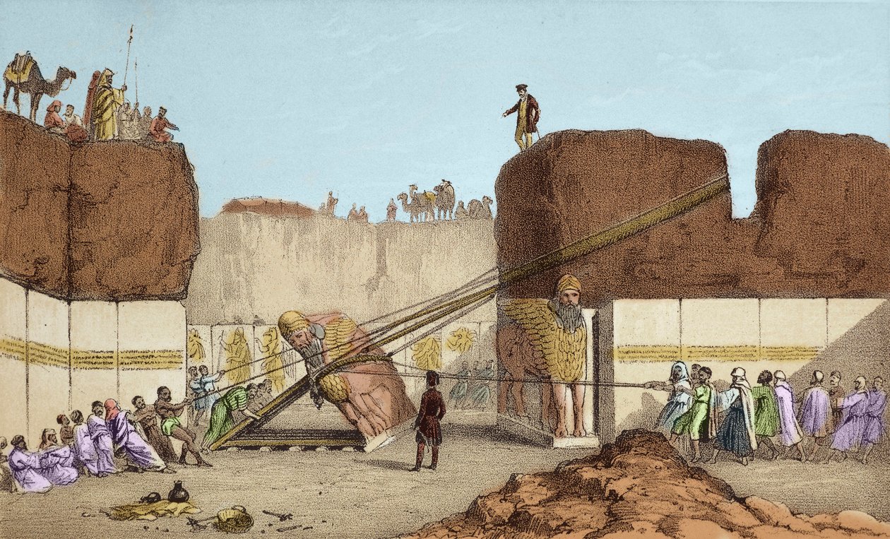 Udgravninger af Nineve (Nineve) - Ruinerne af Nimrud (Nimroud) af Henri Layard (efter hans rejse til Mesopotamien i det 19. århundrede); udskiftning af den store tyrevinge -Forsendelsen af en bevinget tyr fra Nimrud under udgravningerne af Sir Austen Henry af Unknown artist