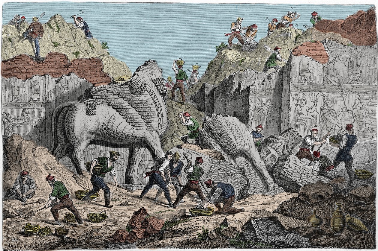 Udgravninger foretaget af Paul-Emile (Paul Emile) Botta, Frankrigs konsul i Nineve på stedet for Khorsabad (Khunsabad), den tidligere assyriske hovedstad nord for Mosul. Irak. Indgravering af det 19. århundrede. af Unknown artist