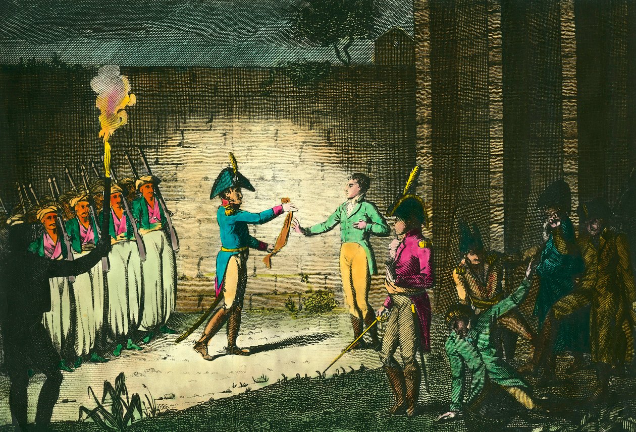 Henrettelse af Louis de Bourbon, hertug af Enghien (1772-1804) den 21. marts 1804 i Vincennes, mistænkelig uden bevis for sammensværgelse mod den første konsul Napoleon Bonaparte. Stik omkring 1804. Privat samling af Unknown artist