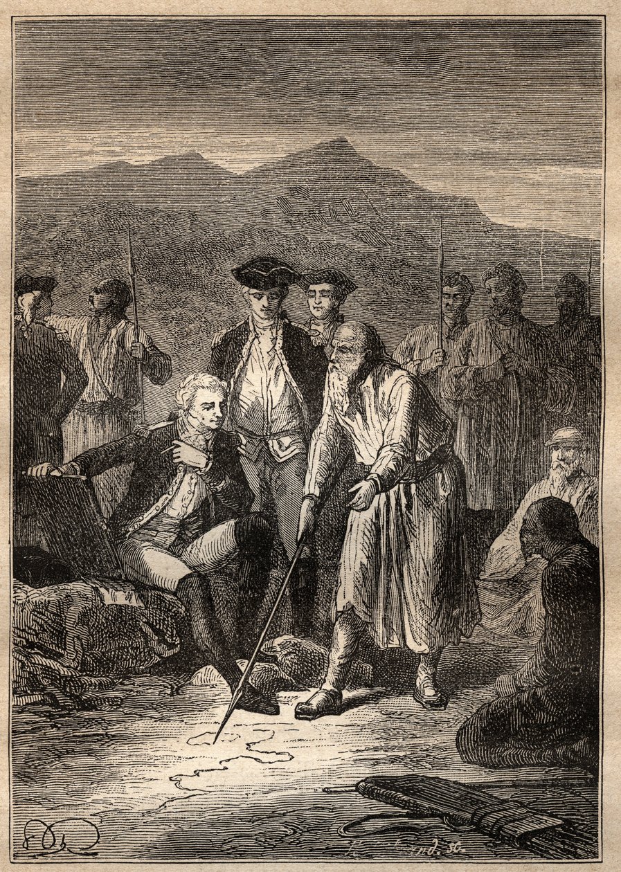 Ekspedition Jorden rundt (1785-1788) af Jean Francois Galaup de La Perouse (1741-1788): sømændene går i land på Saghalian-øen (Sakhaline) møder en gammel mand, der tegnede dem et kort over Tartaria - illustration taget fra "The Great Søfarende fra det 18.  af Unknown artist