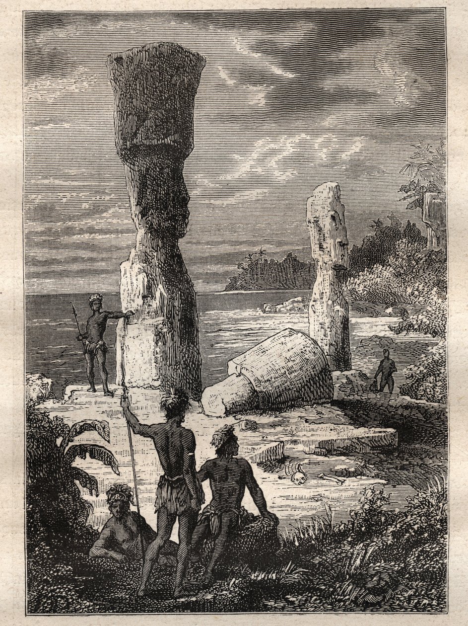 Ekspedition jorden rundt (1785-1788) af Jean Francois Galaup de La Perouse (1741-1788): indfødte på Påskeøen ser på monumentale statuer (Moai) - illustration taget fra "The Great Mariners of the 18th century"" af Unknown artist
