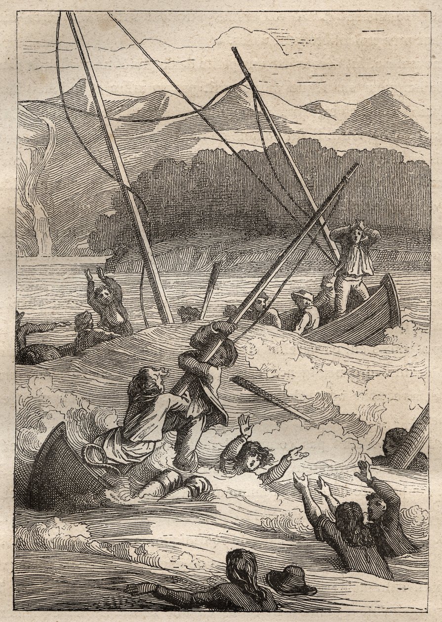 Ekspedition rundt om i verden (1785-1788) af Jean Francois Galaup de La Perouse (1741-1788): Forlis af bådene i havnen i den franske (Alaska) - illustration taget fra "The Great Mariners of the 18th century" af Unknown artist