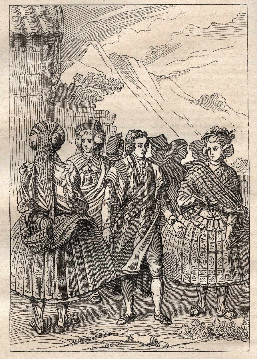 Ekspedition rundt om i verden (1785-1788) af Jean Francois Galaup de La Perouse (1741-1788): kostumer af indbyggerne i Concepcion (Chile) - illustration taget fra "The Great Mariners of the 18th century"" af Unknown artist